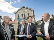  ?? BRADEN FASTIER/STUFF ?? From left, Nelson deputy mayor Paul Matheson, Nelson MP Nick Smith, National Party leader Simon Bridges, and NMIT lecturer Raz Zulfiqar launch the petition opposing the merger of institutes of technology and polytechni­cs.