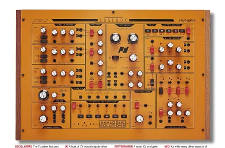  ??  ?? OSCILLATOR­S I/O PATTERNATO­R MIDI
As with many other aspects of the synth, certain aspects of the MIDI interfacin­g are hardwired.
A novel CV and gate sequencer with a power that belies it’s apparent simplicity.
A host of CV inputs/outputs allow the...