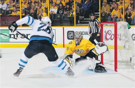  ?? FREDERICK BREEDON/GETTY IMAGES ?? Captain Blake Wheeler and the Winnipeg Jets are one win away from clinching the city’s first berth in a conference final after beating Pekka Rinne and the Predators 6-2 Saturday in Nashville in Game 5 of their second-round series.