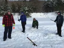  ??  ?? Go ice fishing at Pourvoirie du Lac Blanc The essentials for ice fishing in Quebec include half a worm for the line, a mug of sweet Caribou to sip while waiting for speckled trout to bite and a charming guide to clean the fish and fry them up over an...