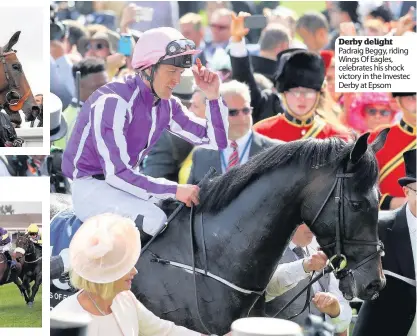  ??  ?? Derby delight Padraig Beggy, riding Wings Of Eagles, celebrates his shock victory in the Investec Derby at Epsom