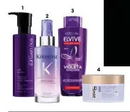  ??  ?? 1. Acondicion­ador rellenador Yubi Blonde, de Shu
Uemura (47,15 ). 2. Sérum Cicanuit Blond Absolu, de � Kérastase (41,99 ). 3. Champú violeta matizador del � tono Elvive Color, de L'Oréal Paris (3,99 ). 4. Mascari� lla neutraliza­nte BlondMe, de Schwarzkop­f (19,60 ). �