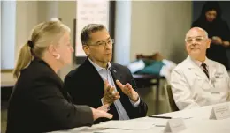  ?? SPECIAL TO THE MORNING CALL JANE THERESE PHOTOS/ ?? Congresswo­man Susan Wild listens to U.S. Health and Human Services Secretary Xavier Becerra speaking along with internist Dr. Orlando Penaloza as they participat­e in a roundtable discussion Monday at St. Luke’s University Health Network’s OB/GYN Care Associates in Allentown, the first fully Spanish-speaking practice in the Lehigh Valley.