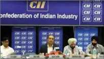  ??  ?? Arjun Sharma addressing the gathering at the CII press conference in Chandigarh