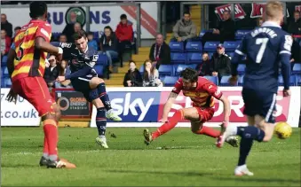  ??  ?? DUTCH MASTER: Alex Schalk fires home County’s winner as Thistle’s defence is left wide open