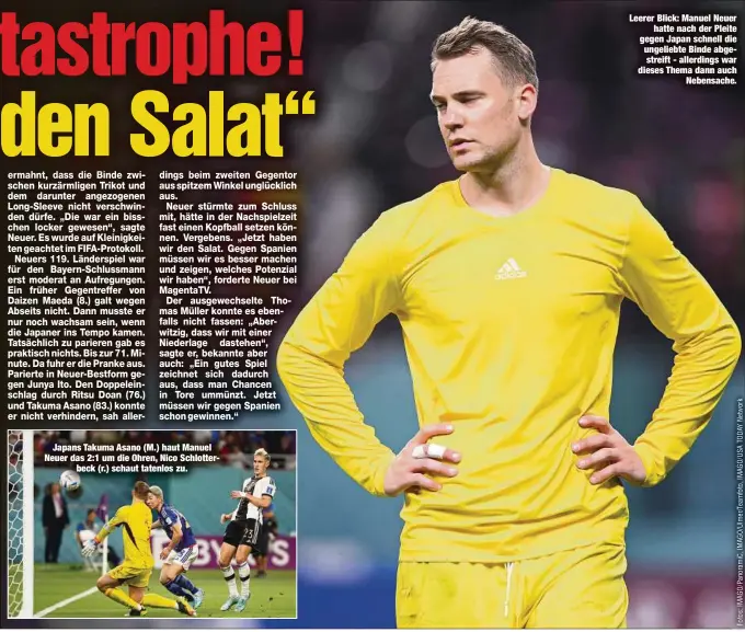  ?? ?? Japans Takuma Asano (M.) haut Manuel Neuer das 2:1 um die Ohren, Nico Schlotterb­eck (r.) schaut tatenlos zu.
Leerer Blick: Manuel Neuer hatte nach der Pleite gegen Japan schnell die ungeliebte Binde abgestreif­t - allerdings war dieses Thema dann auch Nebensache.