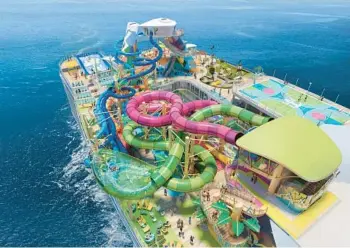  ?? COURTESY PHOTOS ?? Renderings of Royal Caribbean Icon of the Seas. Category 6 is the line’s largest waterpark with six slides: Pressure Drop, the industry’s first open free-fall slide; Frightenin­g Bolt, the tallest drop slide at sea; Storm Surge and Hurricane Hunter, the first family raft slides with four riders per raft; and Storm Chasers, cruising’s first mat-racing duo.