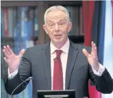  ?? AP ?? Former British prime minister Tony Blair gives a speech on the future of the Labour Party and progressiv­e politics at the Hallam Conference Centre in central London yesterday.