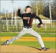  ?? Westside Eagle Observer/RANDY MOLL ?? Gravette’s Rhett Hilger throws a pitch during the Lions’ game against the Pioneers at Gentry High School on Friday, March 19.