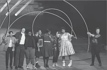  ?? Matt Crossick Netf lix ?? COMEDIANS Jes Tom, from left, Chloe Petts, Asha Ward, Krishna Istha, Mx. Dahlia Belle, DeAnne Smith, Alok and host Hannah Gadsby in the Netf lix special “Gender Agenda” at the Alexandra Palace in London.