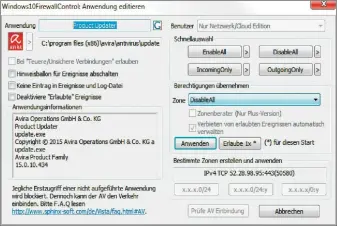  ??  ?? Hier meldet das Tool Sphinx Windows 10 Firewall Control Free das Update-Programm von Avira. Solchen UpdateModu­len sollten Sie stets den Internet-Zugriff erlauben, um keine Sicherheit­slücke ins System zu reißen.