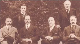  ??  ?? Sir Edward Elgar, Sir Dan Godfrey, Sir Alexander Mackenzie and Sir Charles Stanford, seated. Standing: Sir Edward German and Sir Hubert Parry.
