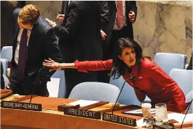  ?? (Stephanie Keith/Reuters) ?? US AMBASSADOR to the UN Nikki Haley attends the Security Council meeting on the situation in Syria at the United Nations headquarte­rs on April 7.