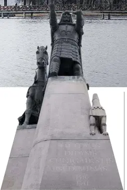  ?? Mi. Iac. ?? All’ombra del passato Sopra, il Castello di Trakai (XIV secolo) sul lago Galve A sinistra, il monumento del gran duca Gediminas (1275-1341), fondatore di Vilnius, il cartello di Uzupio e la cattedrale dei santi Stanislao e Ladislao a Vilnius