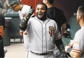  ?? Ralph Freso / Associated Press 2019 ?? Ina procedural move, infielder Pablo Sandoval was released by the Giants on Sunday. The team plans to resign him to be part of its 60man player pool for this season.