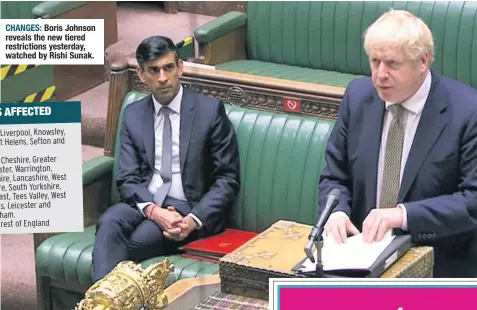  ??  ?? Boris Johnson reveals the new tiered restrictio­ns yesterday, watched by Rishi Sunak.