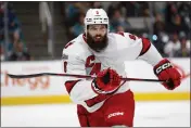  ?? KARL MONDON — BAY AREA NEWS GROUP ?? The Carolina Hurricanes’ Brent Burns (8) skates against his former team the San Jose Sharks during their home opener Friday at SAP Center in San Jose.