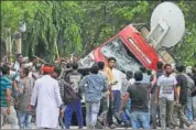  ??  ?? Dera Sacha Sauda sect members take to streets in Panchkula to protest conviction of Gurmeet Ram Rahim on Aug 25, 2017. AP FILE