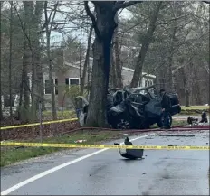  ?? COURTESY PELHAM, N.H. POLICE DEPARTMENT ?? The driver of a 2010Chevy Avalanche was killed when the vehicle exited the road and crashed into a tree along Mammoth Road in Pelham, N.H. on April 24, 2024.