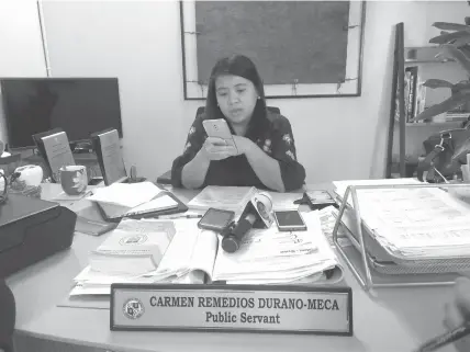  ?? MITZI AMBRAD ?? Cebu Provincial Anti-Drug Abuse Office head Ivy Durano-Meca says one non-uniformed personnel from Argao town tested positive of illegal drugs during the series of drug tests conducted by her office.