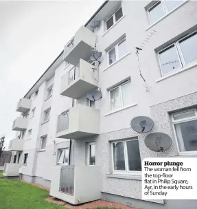  ??  ?? Horror plunge The woman fell from the top- floor flat in Philip Square, Ayr, in the early hours of Sunday