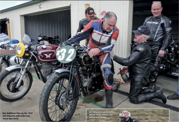  ??  ?? Ron Matthews fires up the 1937 250 Velocette with help from owner Ken Lucas.