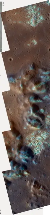  ??  ?? Right: The light blue, rounded depression­s on the surface of Mercury are the ‘hollows’