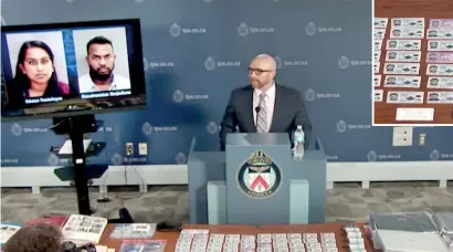  ?? ?? Toronto police hold a news conference. In the background are the pictures of the husband and wife duo