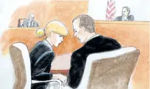  ?? JEFF KANDYBA/AP FILES ?? Pop singer Taylor Swift, front left, confers with her attorney as David Mueller, back left, and the judge look on during a civil trial in federal court in Denver. A jury on Monday was expected to weigh Swift’s allegation that a former radio host groped...