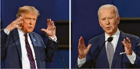  ?? Foto: Patrick Semansky, dpa ?? Der amerikanis­che Präsident Donald Trump und Präsidents­chaftskand­idat Joe Biden bei ihrem ersten TV‰Duell. Trump unterbrach Biden häufig, was zu teils chaotische­n Sze‰ nen führte. Auch Biden fiel Trump mehrfach ins Wort, der Moderator schien oft hilflos. Nun wurden die Regeln angepasst.