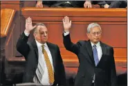  ?? AP/RICK BOWMER ?? Ulisses Soares (left) and Gerrit W. Gong join the Quorum of the Twelve Apostles during Saturday’s conference of The Church of Jesus Christ of Latter-day Saints in Salt Lake City.