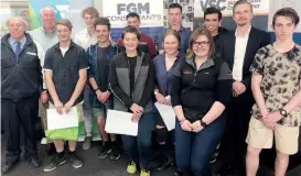  ??  ?? Pictured at the West Gippsland Trade Training Alliance Young People’s Excellence Awards are from left, front row: Rod Dunlop (WGTTA Manager) Jeremy Cadzow, Mason Coppens, Jessie O’Keefe, Miranda Knight, Jessica Clark and Tim Ruddell, back row: Michael Grogan (FGM Consultant­s), Benjamin Scott, Blake Davis, Patrick Anderson, Joshua Ronalds and Cameron Baker (Victorian Skills Commission­er) .