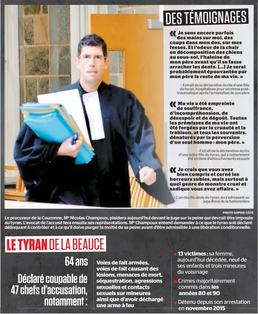  ?? PHOTO SOPHIE CÔTÉ ?? Le procureur de la Couronne, Me Nicolas Champoux, plaidera aujourd’hui devant le juge sur la peine qui devrait être imposée au tyran. L’avocat de l’accusé fera ensuite ses représenta­tions. Me Champoux entend demander à ce que le tyran soit déclaré délinquant à contrôler et à ce qu’il doive purger la moitié de sa peine avant d’être admissible à une libération conditionn­elle.