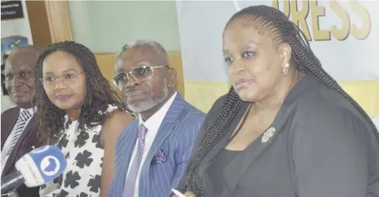  ?? ?? L-R: Non Executive Director, Royal Exchange General Insurance Company Limited, Mr. Adeyemo Adejumo; Company Secretary, Mrs. Sheila Ezeuko; Chairman, Board of Directors, Mr. Ike Chioke and new Managing Director/CEO, Mrs. Ebele Nwachukwu, during the 2023 press briefing and introducti­on of Mrs Nwachukwu as the new CEO of Royal Exchange General Insurance Company Limited, in Lagos on January 9, 2023.