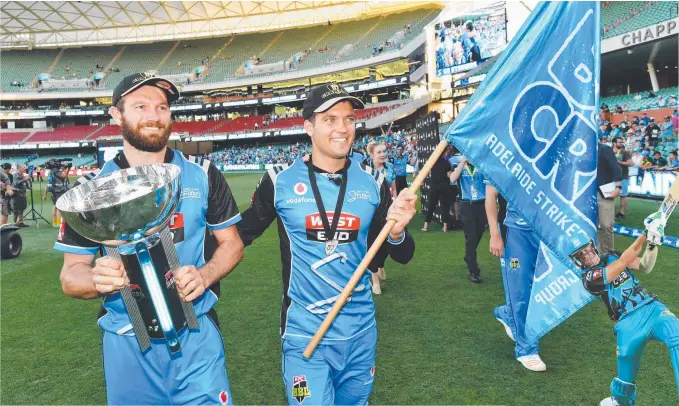  ??  ?? Gold Coaster Michael Neser (left) and Adelaide teammate Alex Carey celebrate their BBL title, and (inset) Mark Steketee for the Heat.