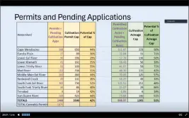  ?? SCREENSHOT ?? Slides from a county cannabis presentati­on detail the state of local cannabis permits.