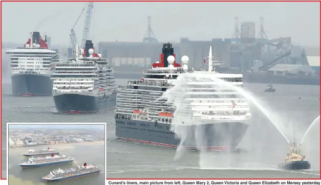  ??  ?? Cunard’s liners, main picture from left, Queen Mary 2, Queen Victoria and Queen Elizabeth on Mersey yesterday