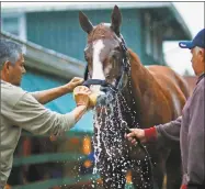  ?? Patrick Semansky / Associated Press ?? Kentucky Derby winner Justify is washed outside a barn on Friday at Pimlico Race Course in Baltimore. The Preakness Stakes is scheduled for Saturday.