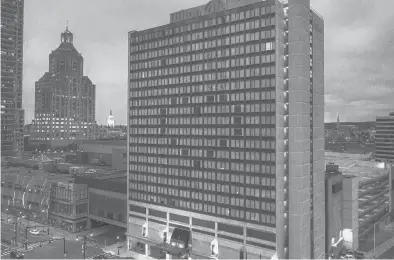  ?? MARK MIRKO/HARTFORD COURANT ?? Hilton Hotel windows in downtown Hartford are lit up in the shape of a heart last April as a message of support for health care workers.