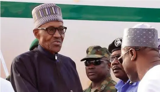  ??  ?? President Muhammadu Buhari being received at the Kaduna Airport on his return from the UK on medical leave last month