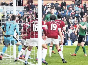  ?? AP ?? Lincoln City’s Sean Raggett (top, centre) scores against Burnley during the English FA Cup, fifth round football match at Turf Moor, Burnley, England, yesterday. Lincoln won 1-0.