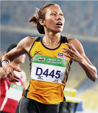  ?? — GLENN GUAN/ The Star ?? Well done: Zaidatul Husniah Zulkifli crossing the finish line during the women’s 100m final in the Malaysian Open Athletics Championsh­ips at the National Stadium in Bukit Jalil yesterday.