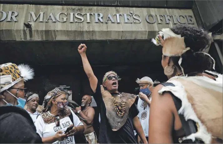  ?? Photo: Phill Magkoe/afp ?? Bizarre: King Khoisan’s supporters protested after he was arrested in January for planting marijuana at the Union Buildings. Dagga has been decriminal­ised since 2018.