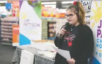  ?? TROY FLEECE ?? Torrie Schaffer of Balcarres is this year’s Saskatchew­an ambassador for the Jim Pattison Children’s Hospital Foundation’s Champion Child program. She speaks at a Walmart in Regina on Friday.