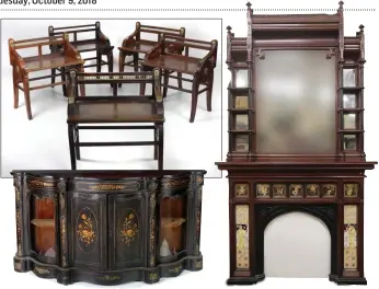  ??  ?? From the collection of Wexford’s Corcoran (of Free Press fame): Top left, set of five James Shoolbred &amp; Co hall chairs, estimated at €4,000 to €6,000; above, left, Victorian ebonised serpentine shaped inlaid and ormolu mounted Credenza, with an estimate of €800 to €1,200; above, right, a Victorian ebonised serpentine shaped 19th Century Arts &amp; Crafts fire surround and overmantel, possibly by WB Simpson &amp; Son, estimated at €4,000 to €6,000.