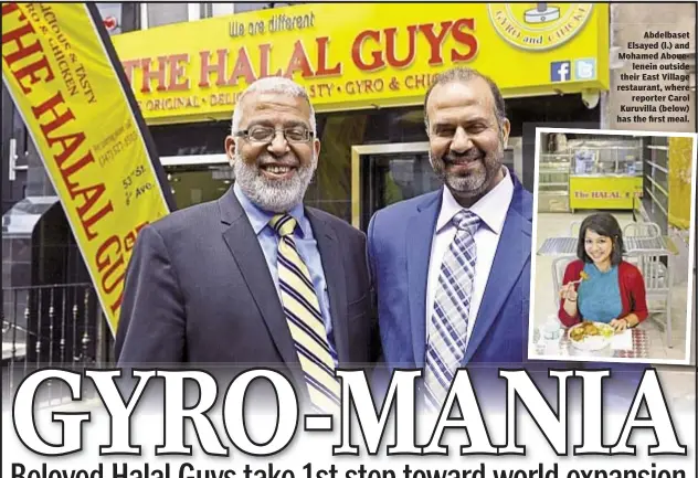  ??  ?? Abdelbaset Elsayed (l.) and Mohamed Aboue
lenein outside their East Village restaurant, where
reporter Carol Kuruvilla (below) has the first meal.