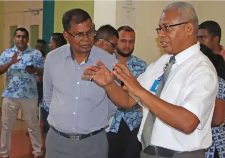  ?? Photo: DEPTFO News ?? Labasa Hospital medical superinten­dent, Dr Jaoji Vulibeci (right), with Minister for Finance Biman Prasad during the tour around Labasa Hospital on March 16, 2023.