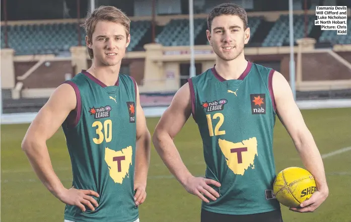  ?? ?? Tasmania Devils Will Clifford and Luke Nicholson at North Hobart. Picture: Chris Kidd