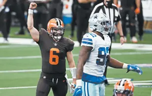  ?? RONALD MARTINEZ/GETTY ?? Baker Mayfield reacts after a touchdown during the Browns’ road victory over the Cowboys on Sunday.