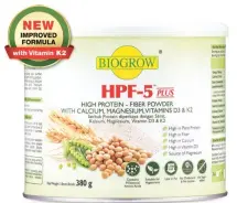  ??  ?? Biogrow HPF-5 PLUS contains a unique blend of plant protein, digestive fibre, calcium, magnesium, vitamin D3 and vitamin K2 to help build a strong body.